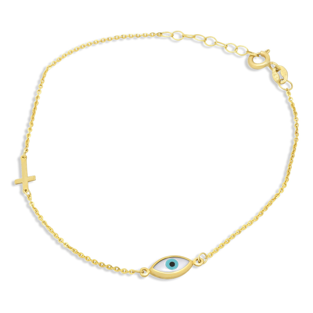 Χρυσό βραχιόλι Κ9 με ματάκι και σταυρουδάκι